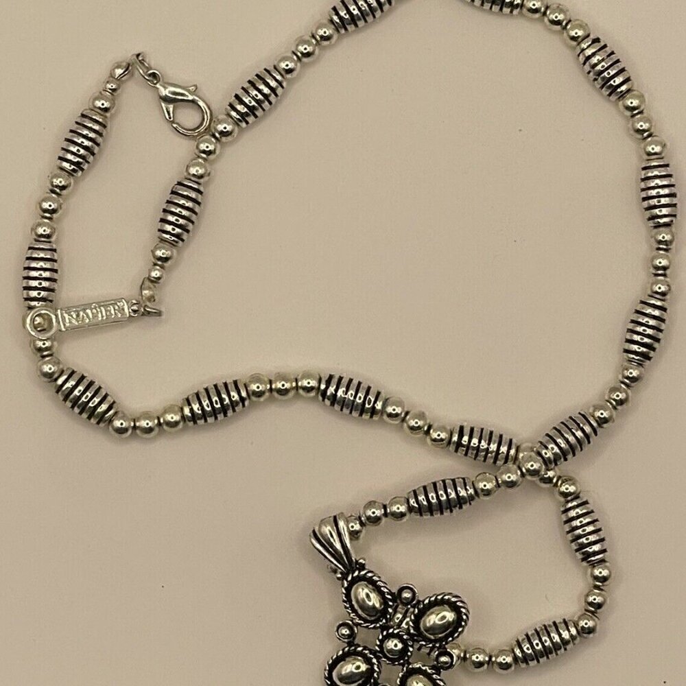 Napier Cross Pendant Vintage Beaded Silver Tone Necklace 17.5” Vtg Clean Charm - Picture 7 of 10